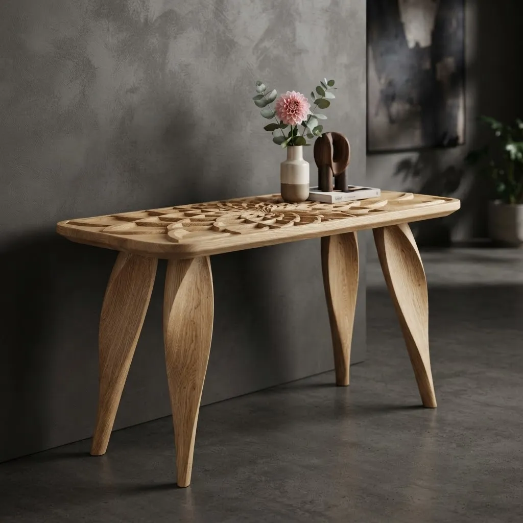 Wooden Dahlia Floral Console Table